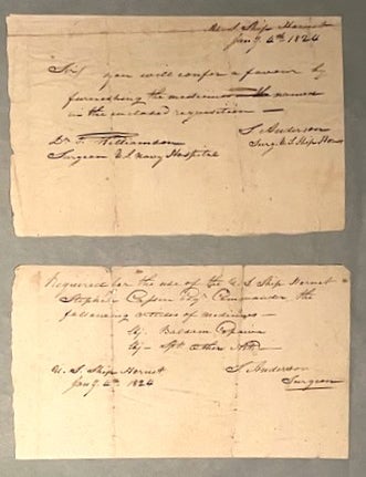Item #134 [THE SLOOP HORNET FIGHTS PIRATES AND DISEASE, 1824]. 2 pieces.
